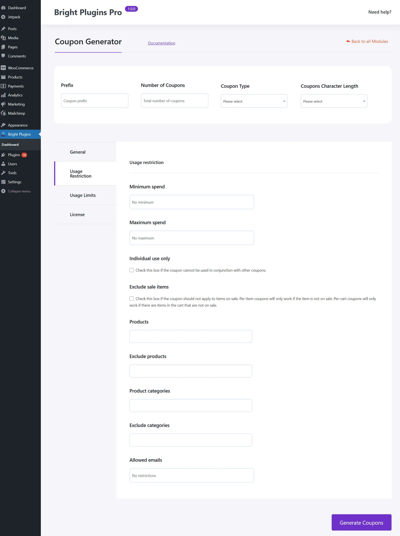 Generatore di coupon: Usage restriction settings