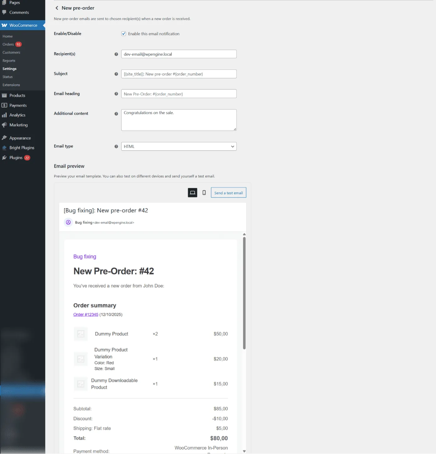 Pre-Orders for WooCommerce: New pre order emails are sent to chosen recipients