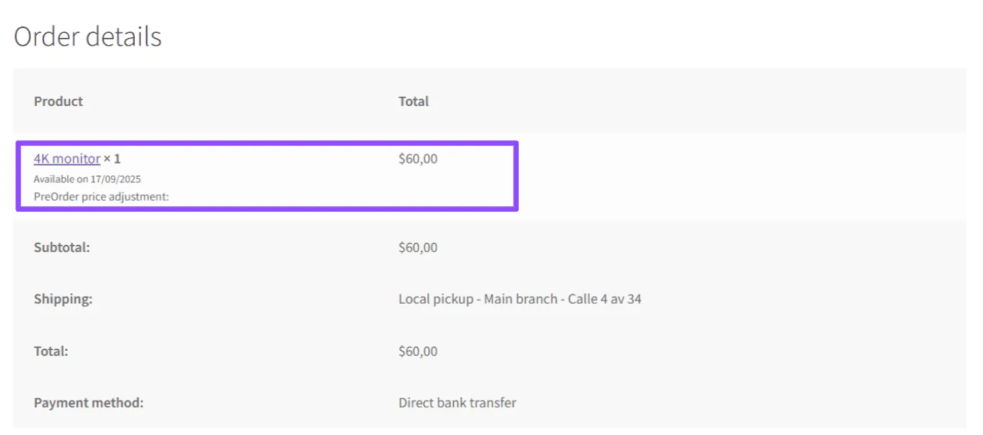 Pre-Orders for WooCommerce: Order details preorders