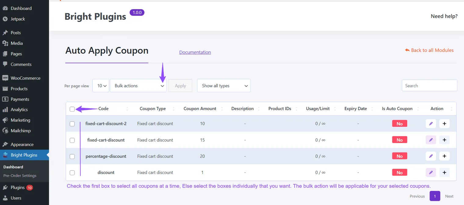 Cupón de aplicación automática: Bulk actions managing coupons in auto apply coupon 1