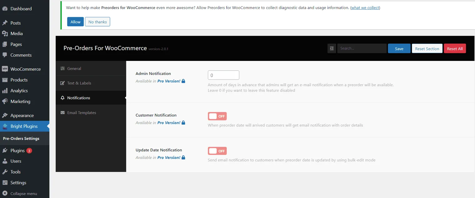 Pre-ordini per WooCommerce: Pre Orders Settings Pruebas base Notification fend
