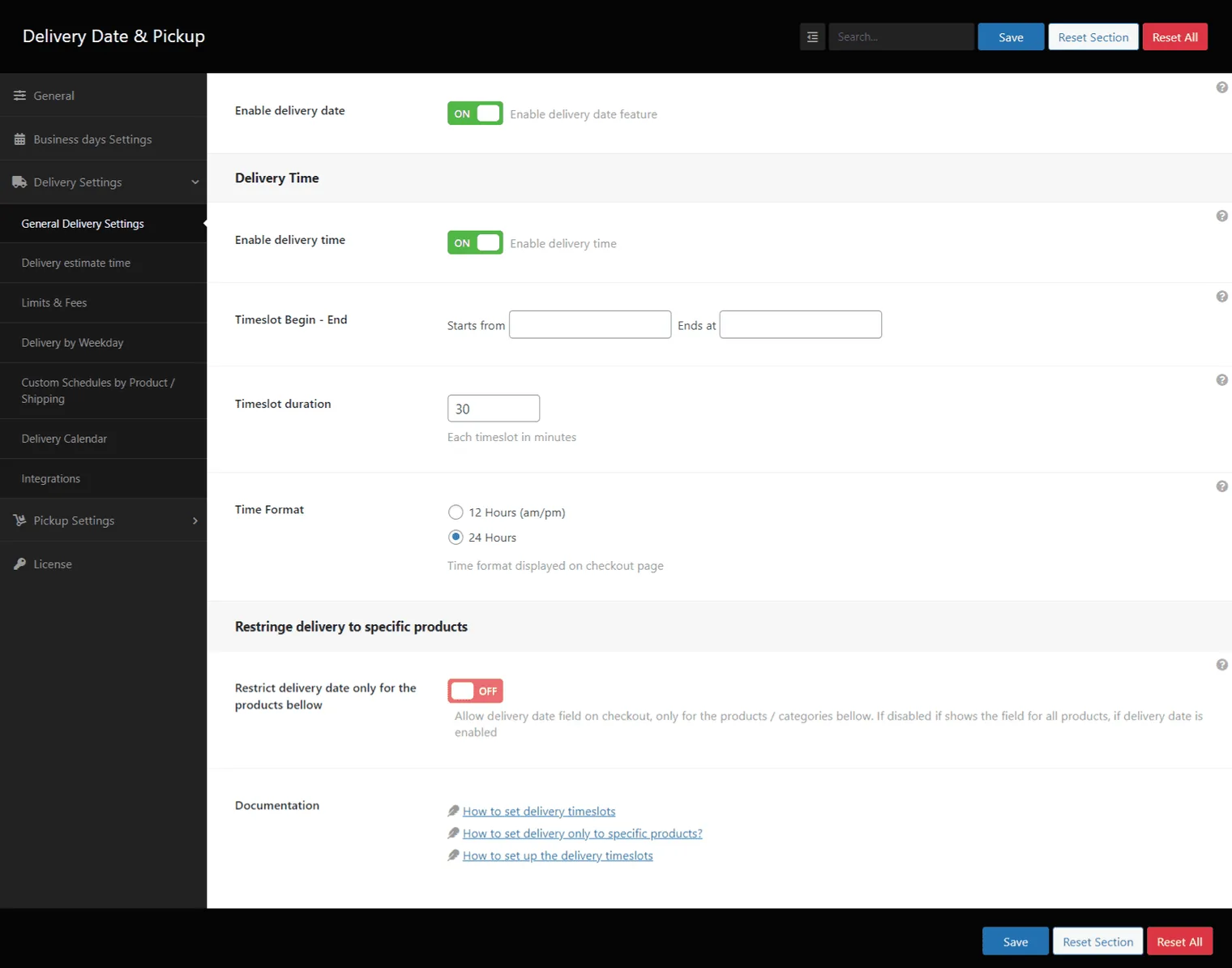 Consegna e ritiro dell'ordine: General Delivery Settings