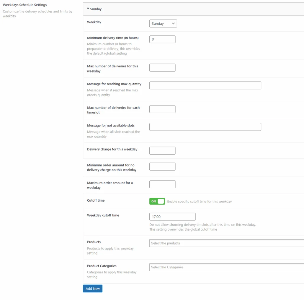 Consegna e ritiro dell'ordine: Weekdays Shedules Settings