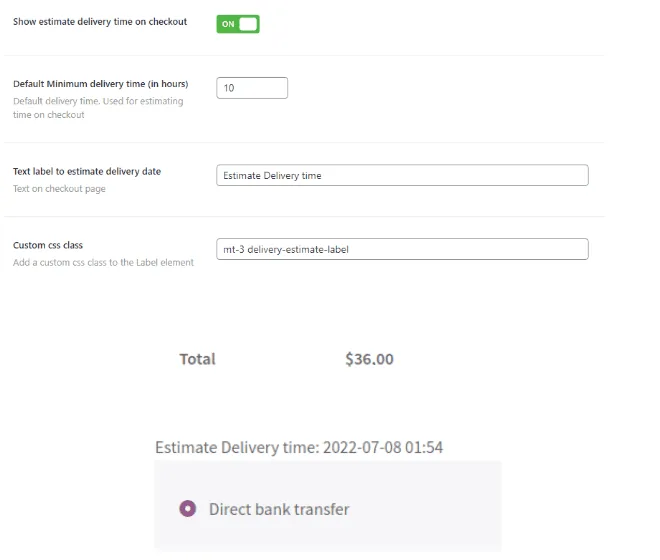 Consegna e ritiro dell'ordine: estimate delivery time example