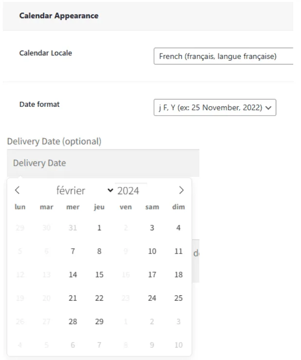 Consegna e ritiro dell'ordine: geral calendar apparence example