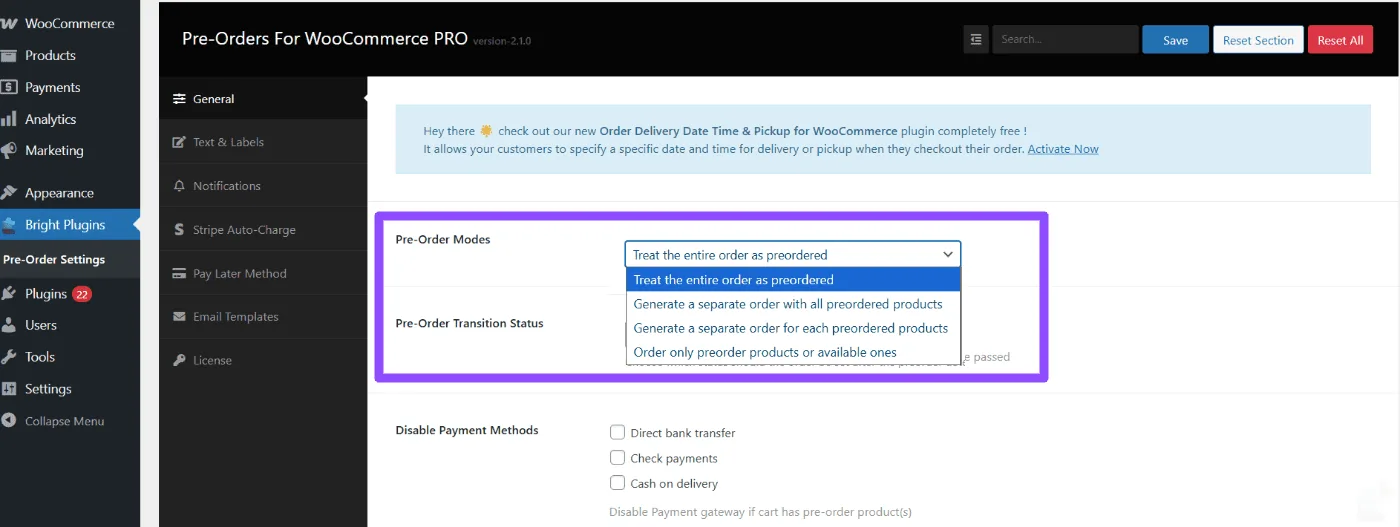 Vorbestellungen für WooCommerce: Preorders mode dashboard