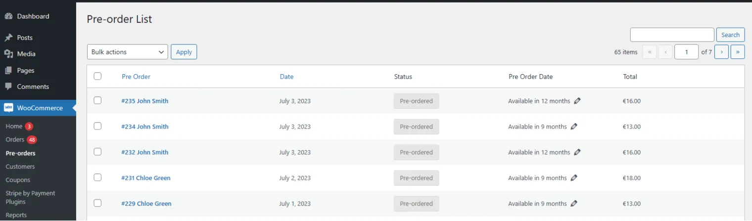 Pre-ordini per WooCommerce: pre order list menu