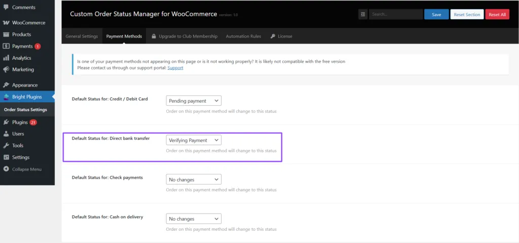 Statusmanager voor aangepaste bestellingen: Default status for Direct bank tranfer 1024x480.