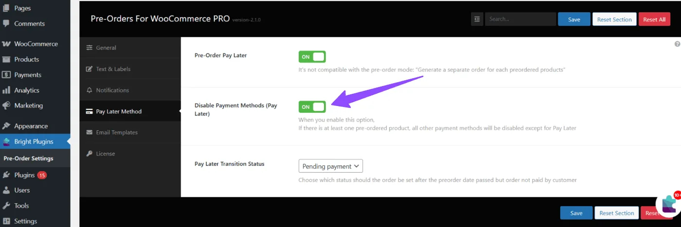 Pre-Orders for WooCommerce: Settings only for pay later