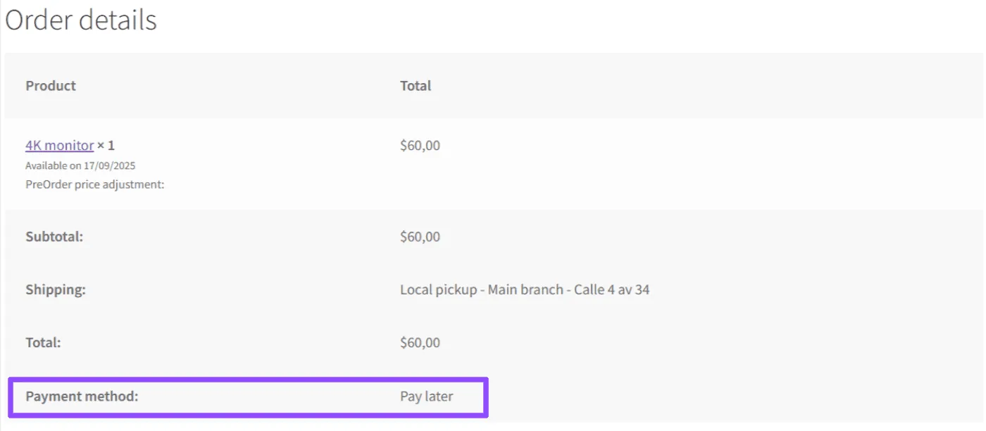Pre-Orders for WooCommerce: Order details pay later