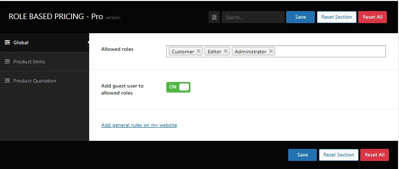 Role Based Pricing for WooCommerce - Pro: global tab 1