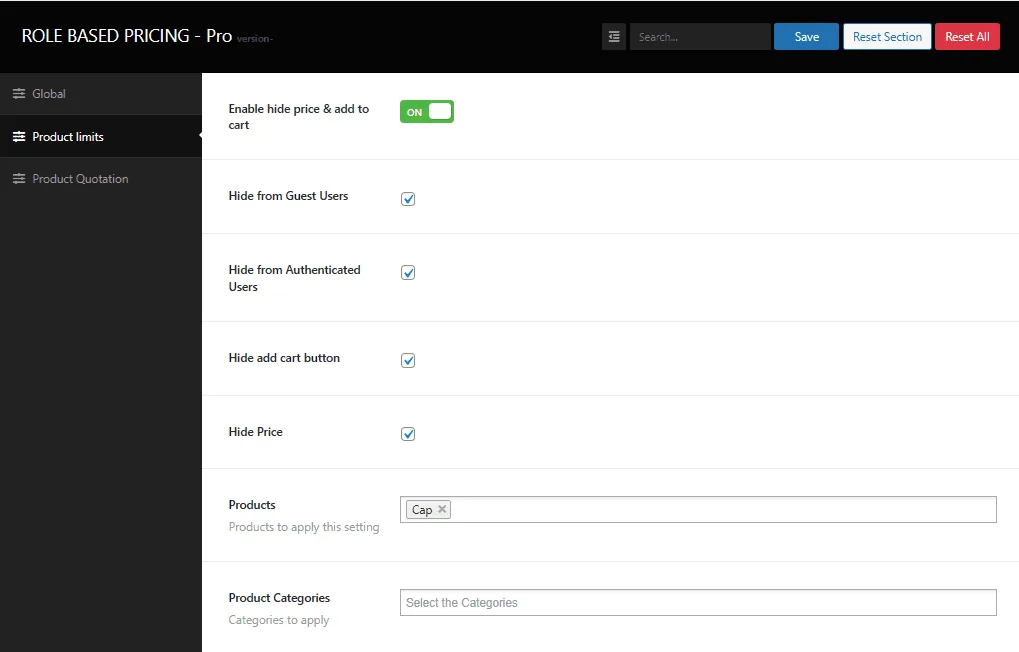 Role Based Pricing for WooCommerce - Pro: limits tab