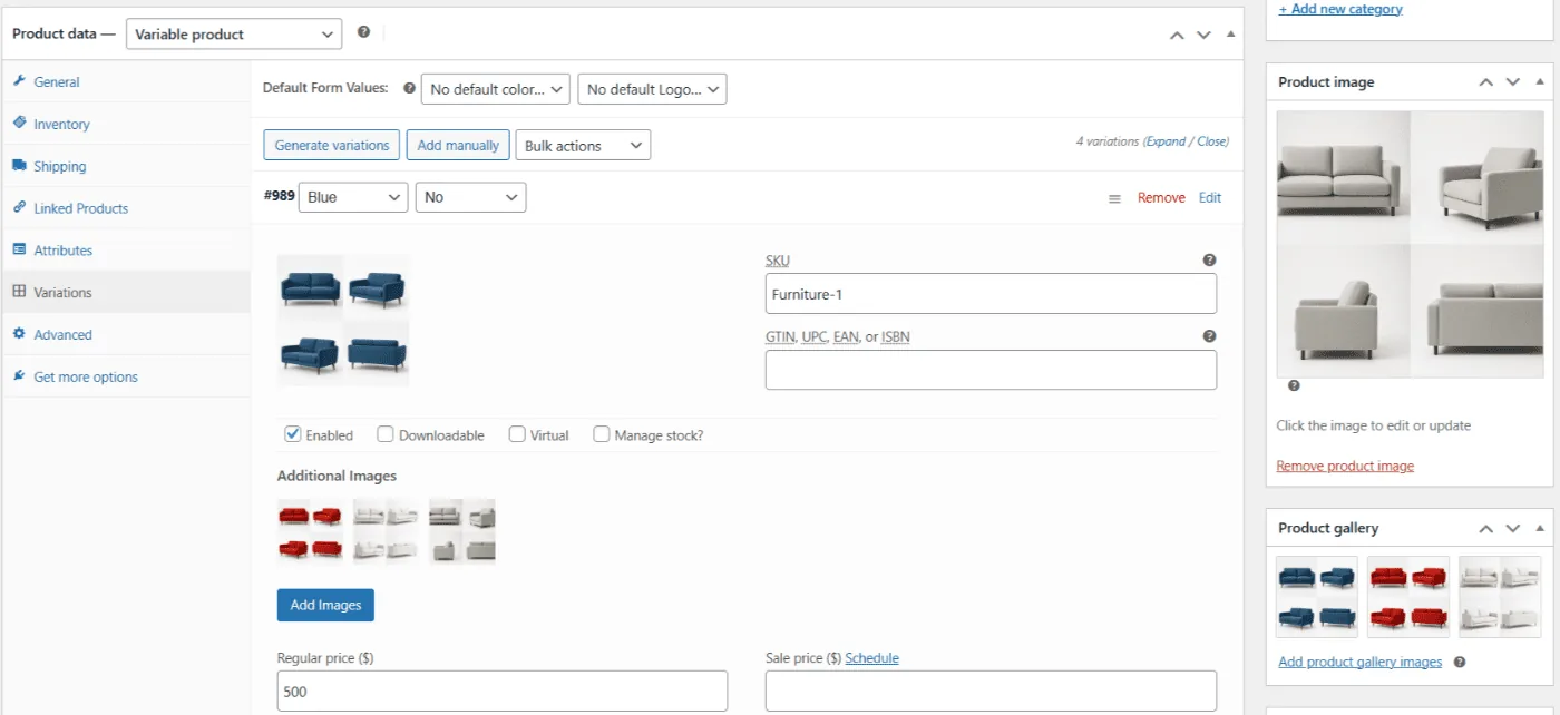Zusätzliche Variationsbilder für WooCommerce: Furniture edit variable product 1