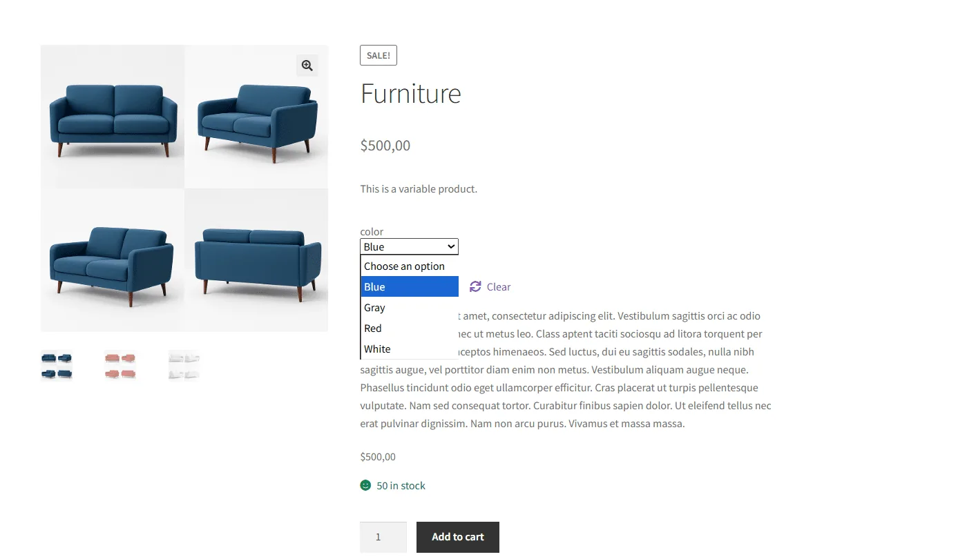 Zusätzliche Variationsbilder für WooCommerce: Furniture Product page variations