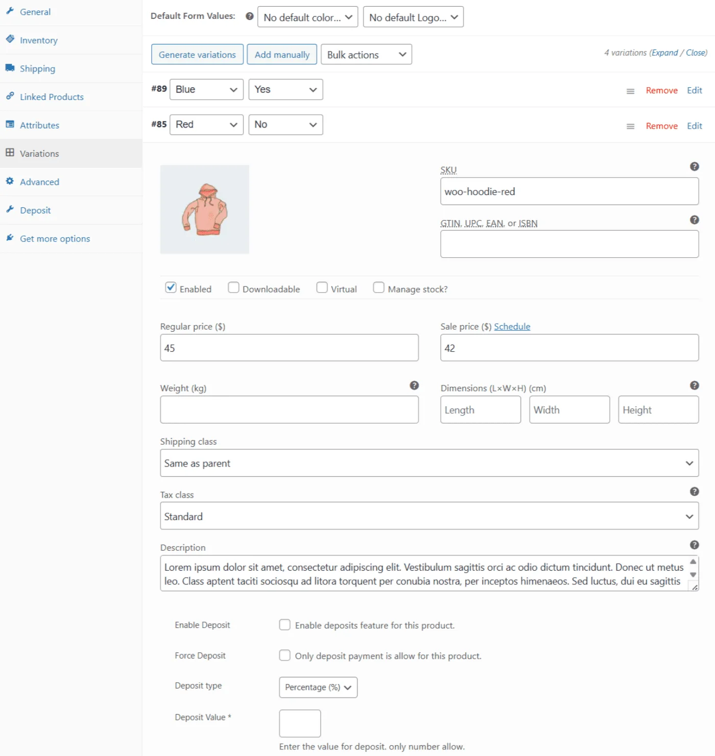 Deposits for WooCommerce: Configuration product variable deposits