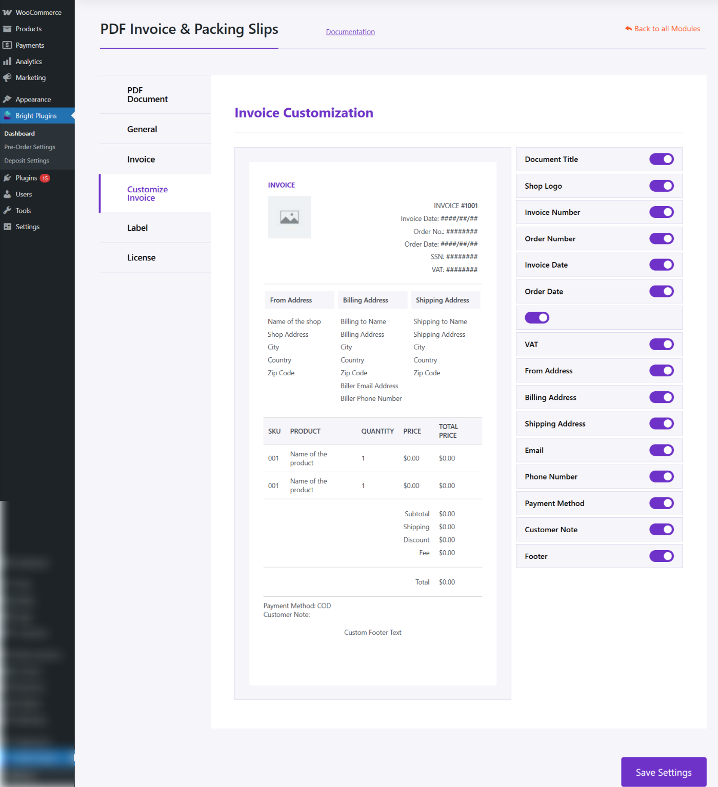 Settings-Pdf-invoice-Customize - Bright Plugins
