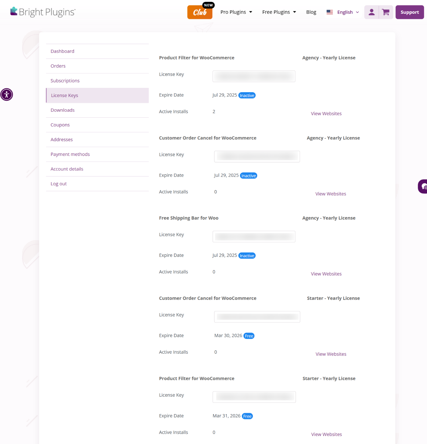 license-Key-club Membership - Bright Plugins