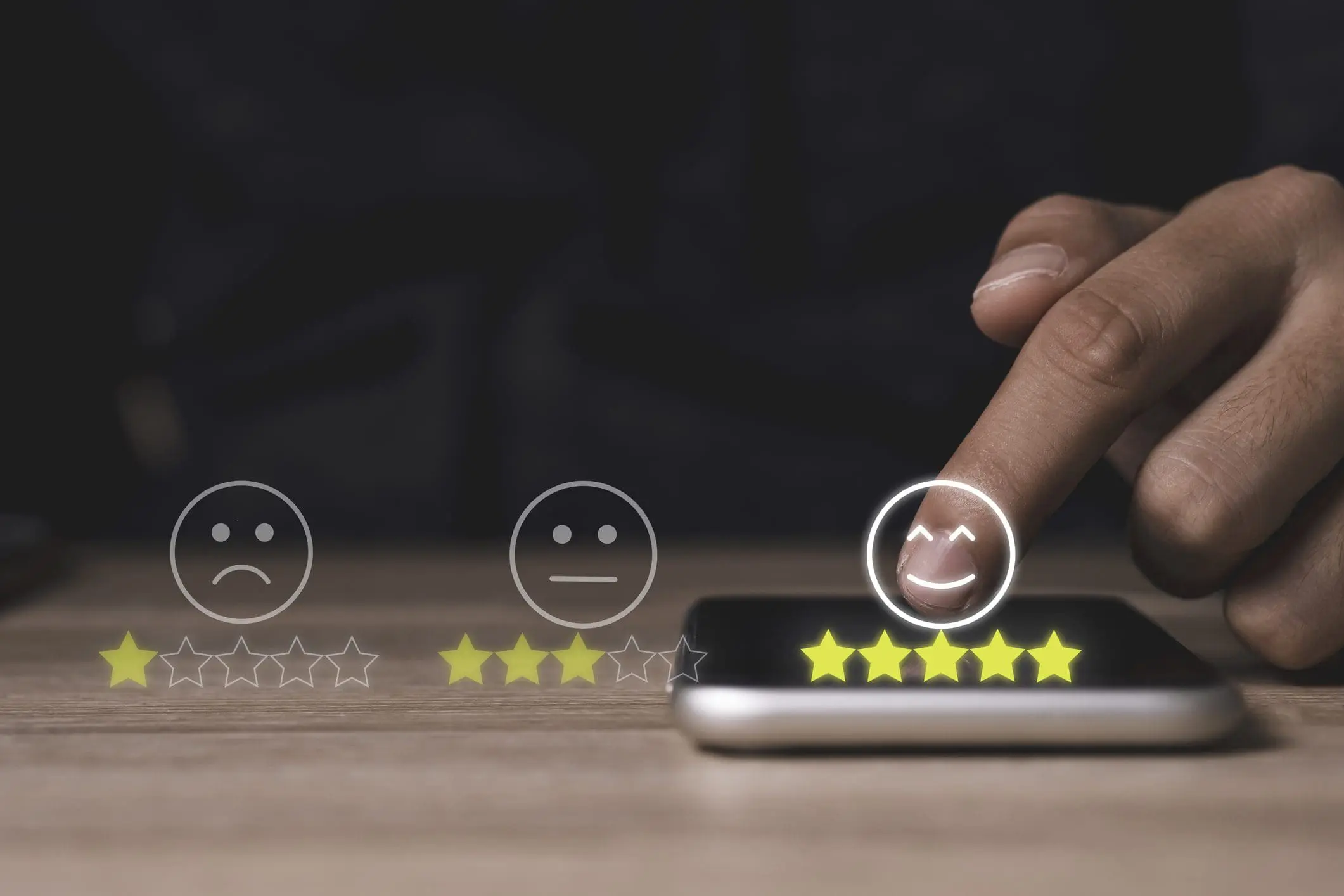 Hand touch on mobile phone to add five yellow stars to customer evaluates products and services. Customer satisfaction and marketing survey rating concept. - Bright Plugins customer reviews
