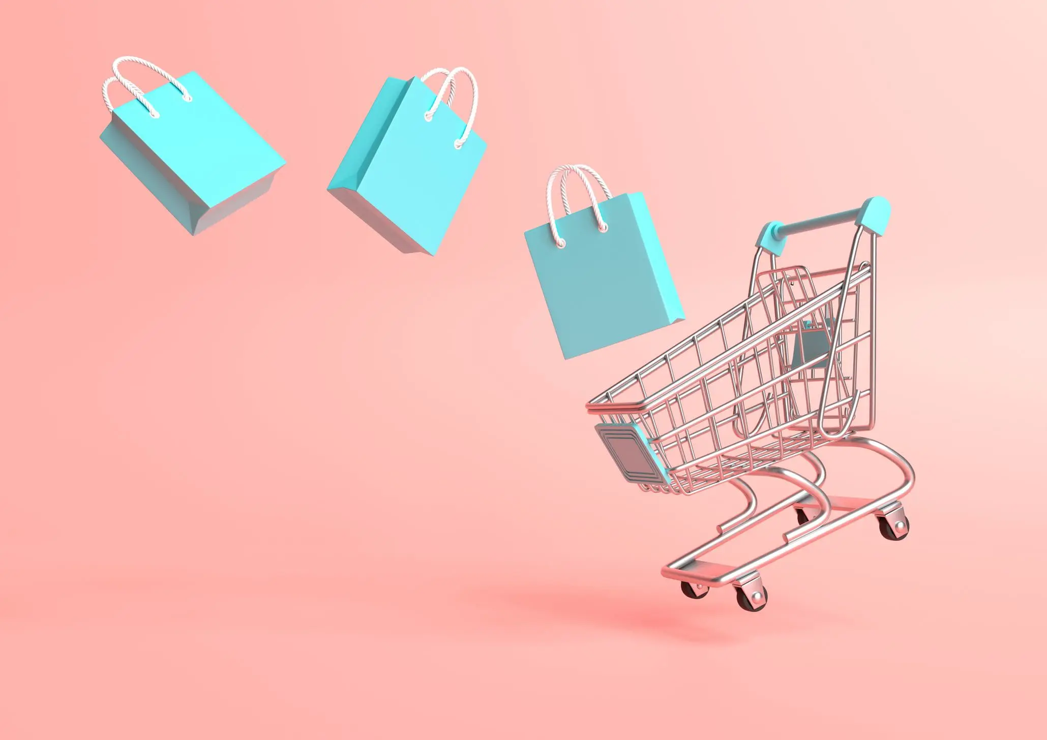 Flying shopping cart with shopping bags on a pink background - Bright Plugins sales, lower prices