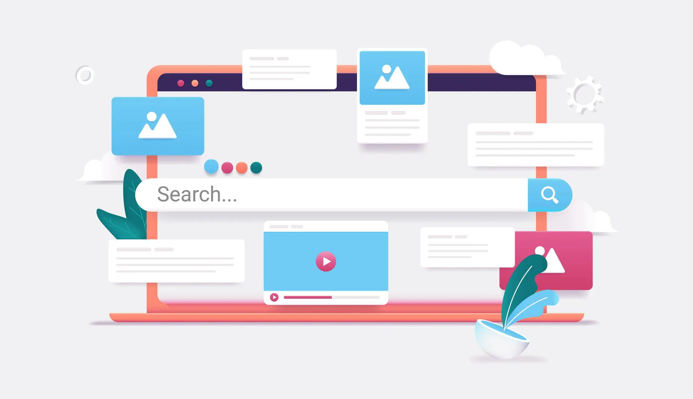 Search engine on computer screen - 3d vector illustration of laptop with internet search and results popping out - Bright Plugins SEO OPTIMIZATION - BRIGHT PLUGINS