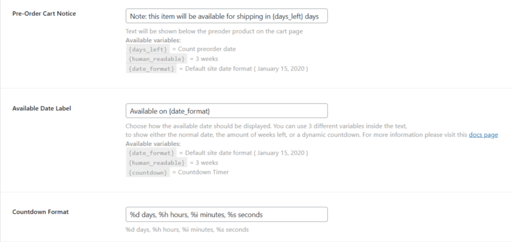 pre-order-cart-notice-date-settings Paramètres de configuration des restrictions de panier et des étiquettes d'expédition pour Pre-Orders for WooCommerce PRO