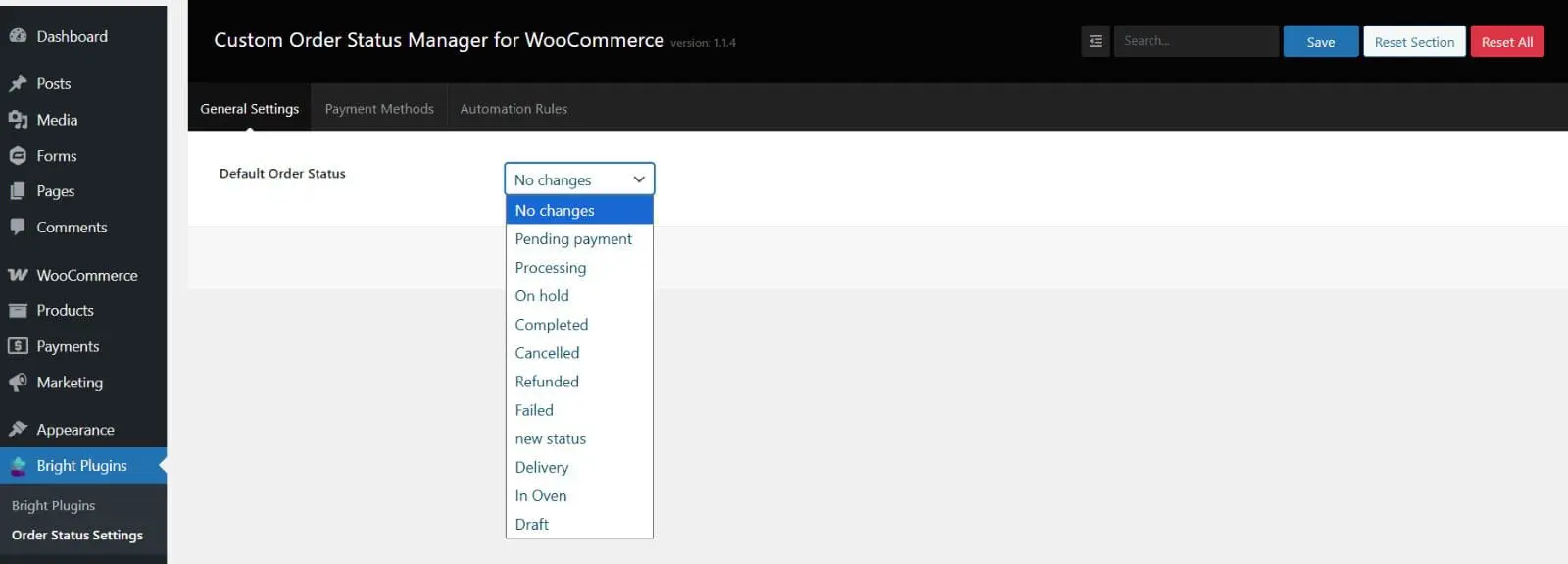 Configurações de Status de Pedido Personalizado