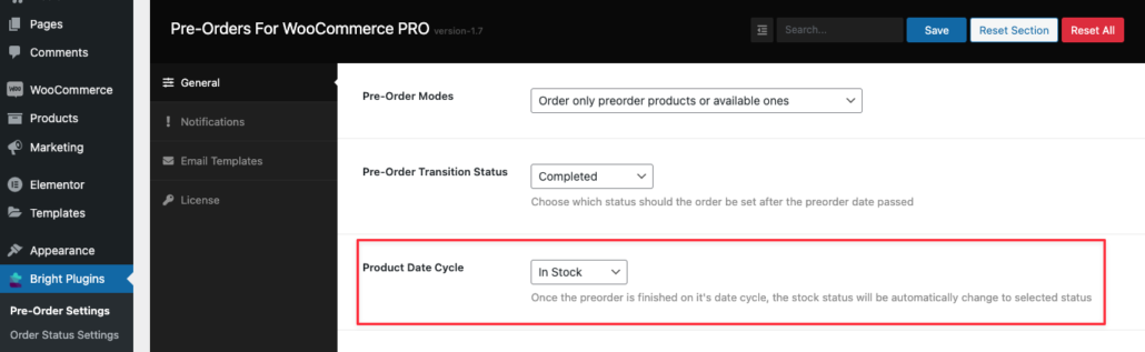 pré-encomendas do ciclo de data do produto - Bright Plugins